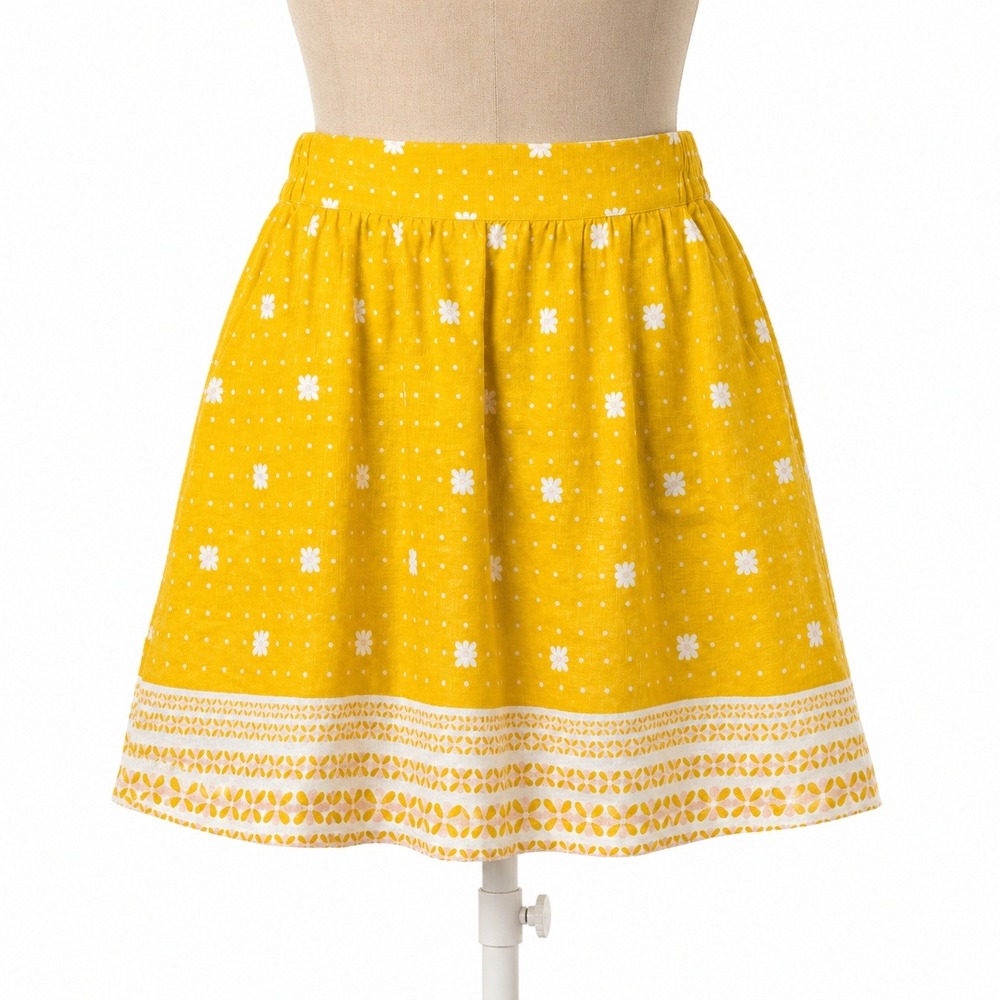 Daisy Polka Dot Linen Mini Skirt Size S Butter Yellow Pockets Preppy Beach Twee - Picture 1 of 9